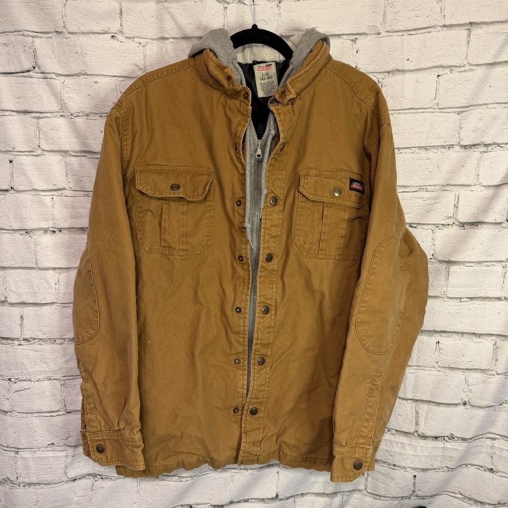 Dickies Brown Gray Hooded Work Jacket Cotton Blend Size L Construction